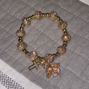Cross and Angel Charmed Gold Beaded Bracelet